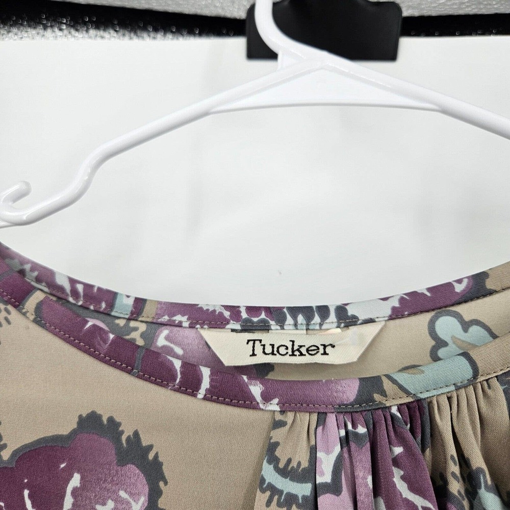Tucker Shift Dress Purple Tan Floral Print Silk Ruffled Half Sleeve Midi Size S - Picture 5 of 7